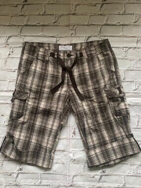 Vintage Denver Hayes Brown Plaid Long Cargo Shorts